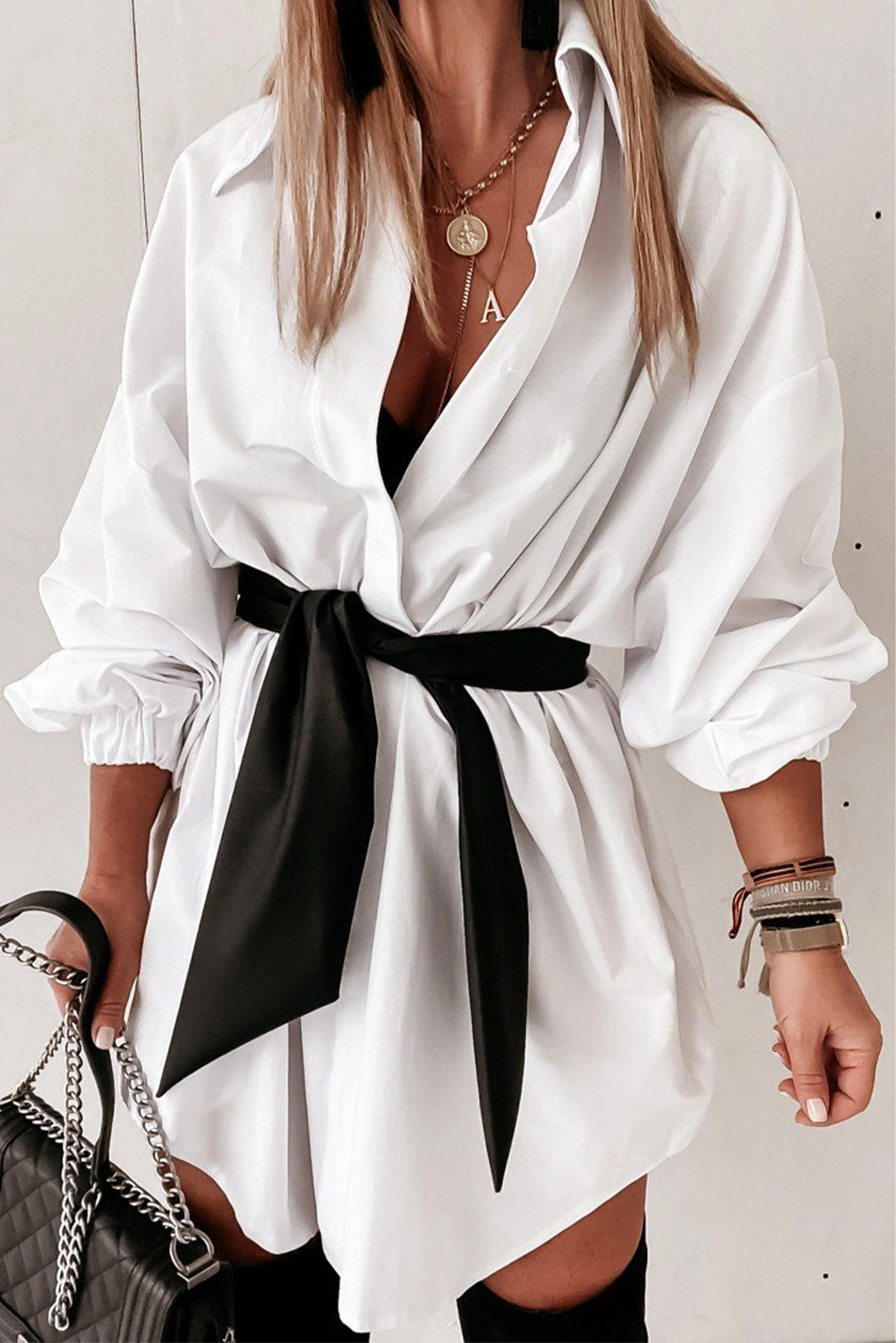 Dear-Lover Wholesale White Boyfriend Oversize Long Sleeve Shirt Dress with Belt