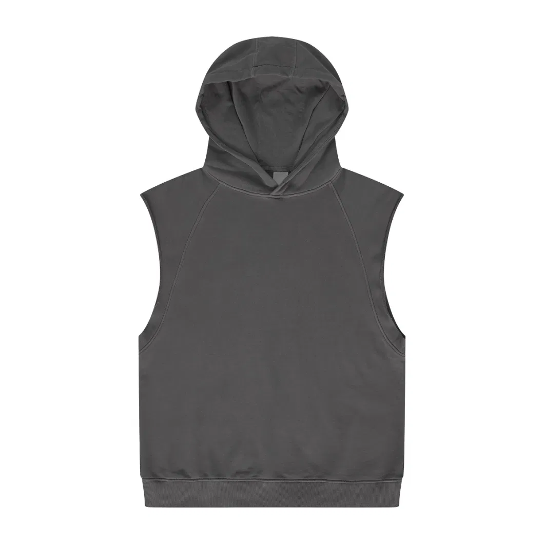 Sleeveless 3D Embossed Logo Oversize French Terry Men Mineral Black Washed Heavyweight Hoodie 14oz Blank Pullover Sweatshirt