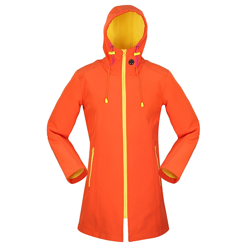 Wholesale Women&prime;s Orange Long Softshell Jacket with Connected Hood