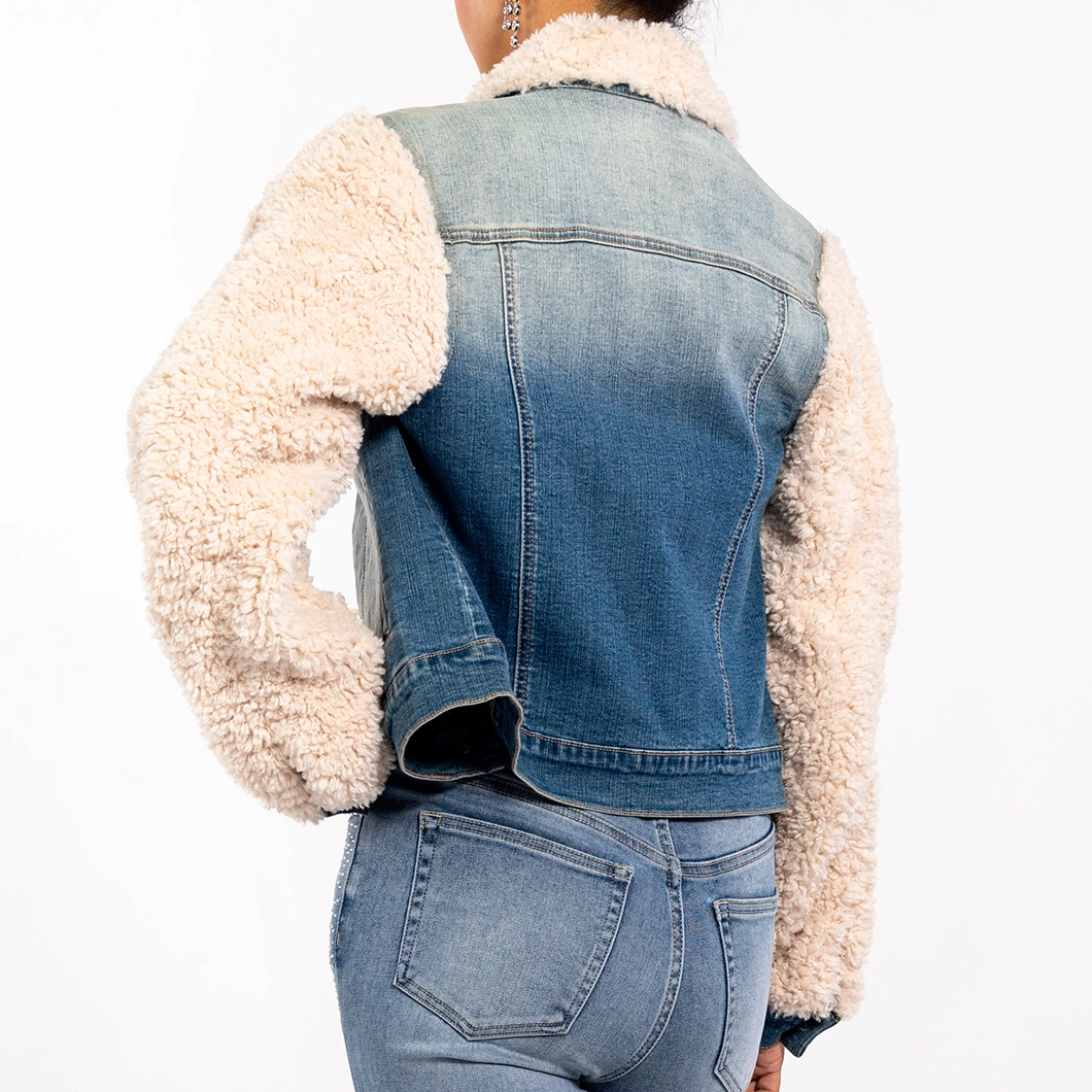 Custom Winter Vintage Lambswool Patchwork Long Sleeve Womens Jean Jacket