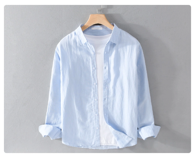 Men&prime;s Pure Color Cotton and Linen Long Sleeve Shirt Loose Casual Coat