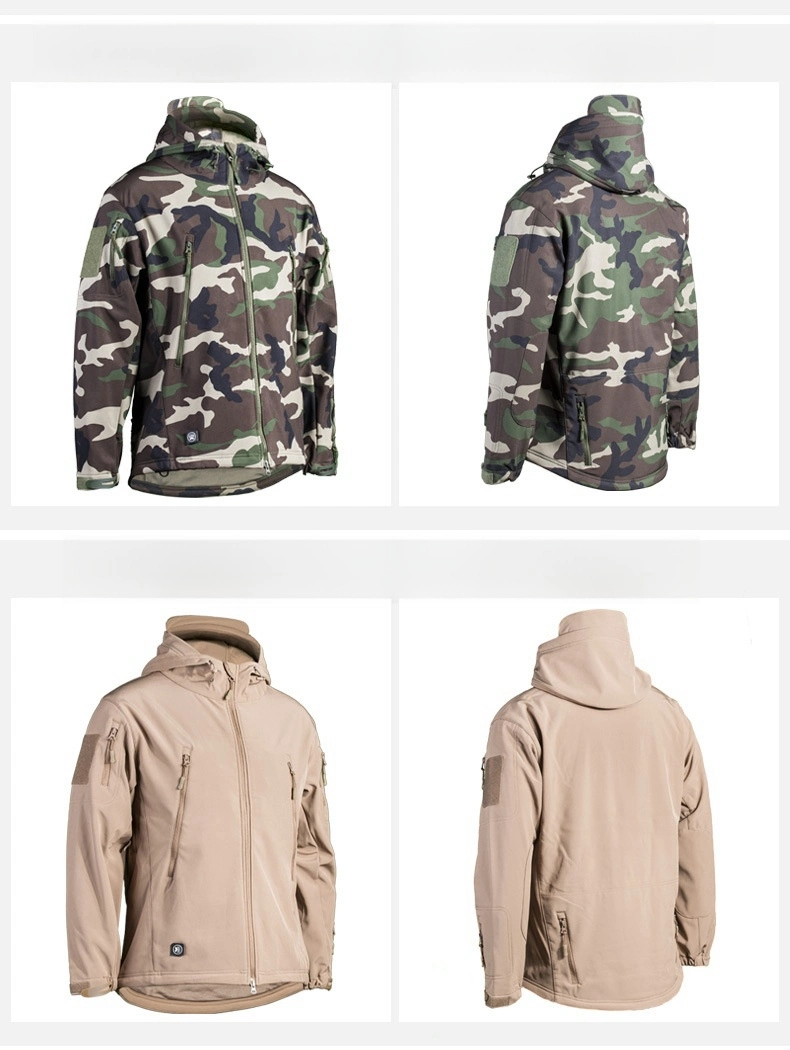 Soft Shell Suit Camouflage Men&prime;s Windproof, Splash Proof, Warm Fleece Jacket, Tactical Suit, Hidden Hat, Thickened Coat Logo