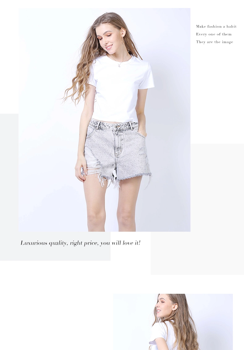 Light Grey Women Trousers MID Waist Non-Stretch Shorts with Fringe Hem and Distressed Holes Fashion Lady Denim Jeans