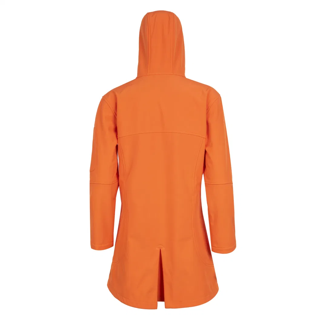 Wholesale Women&prime;s Orange Long Softshell Jacket with Connected Hood