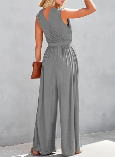 Women&prime; S Casual Loose Jumpsuit Jumpsuit Sleeveless Wide-Leg Pants with Pockets