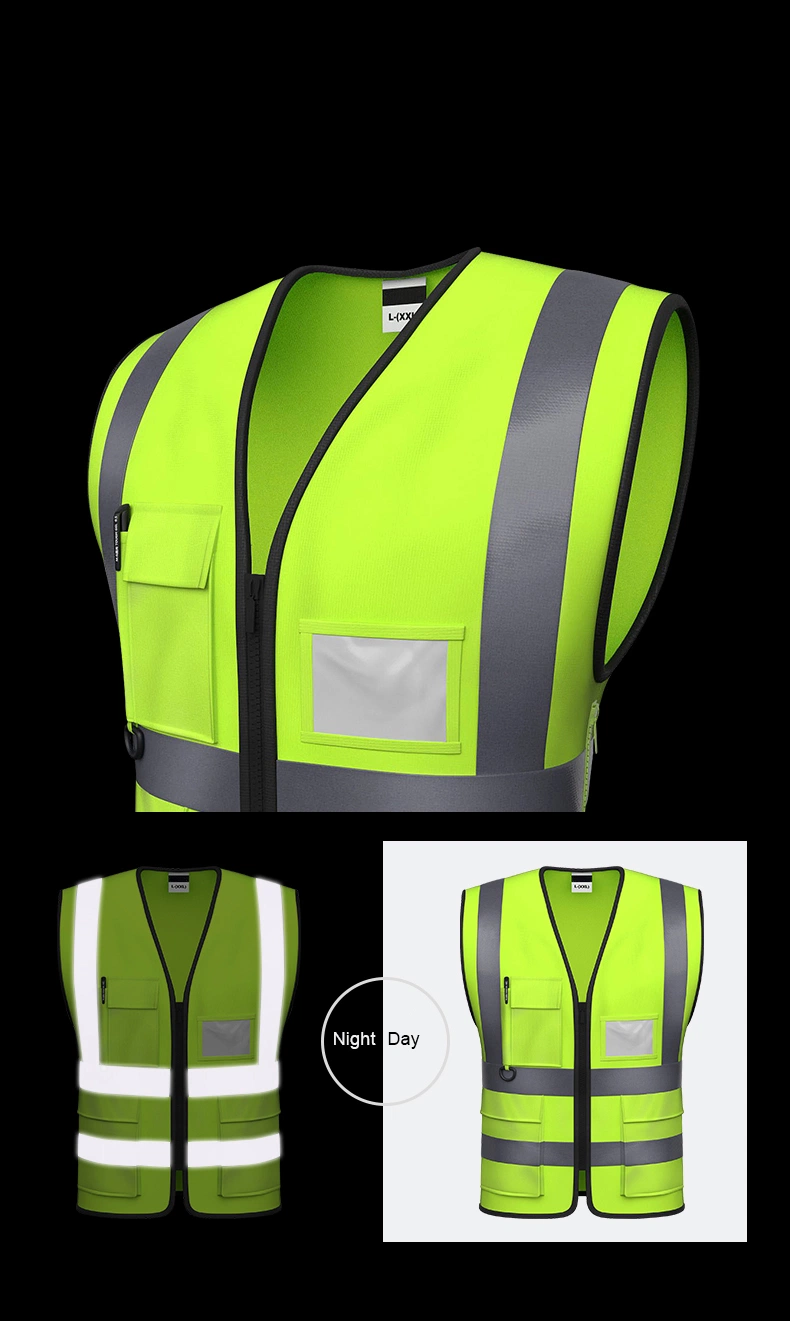 Men/Women Adjustable Reflective Safety Vest Front Zipper High Visibility Workwear with Pockets