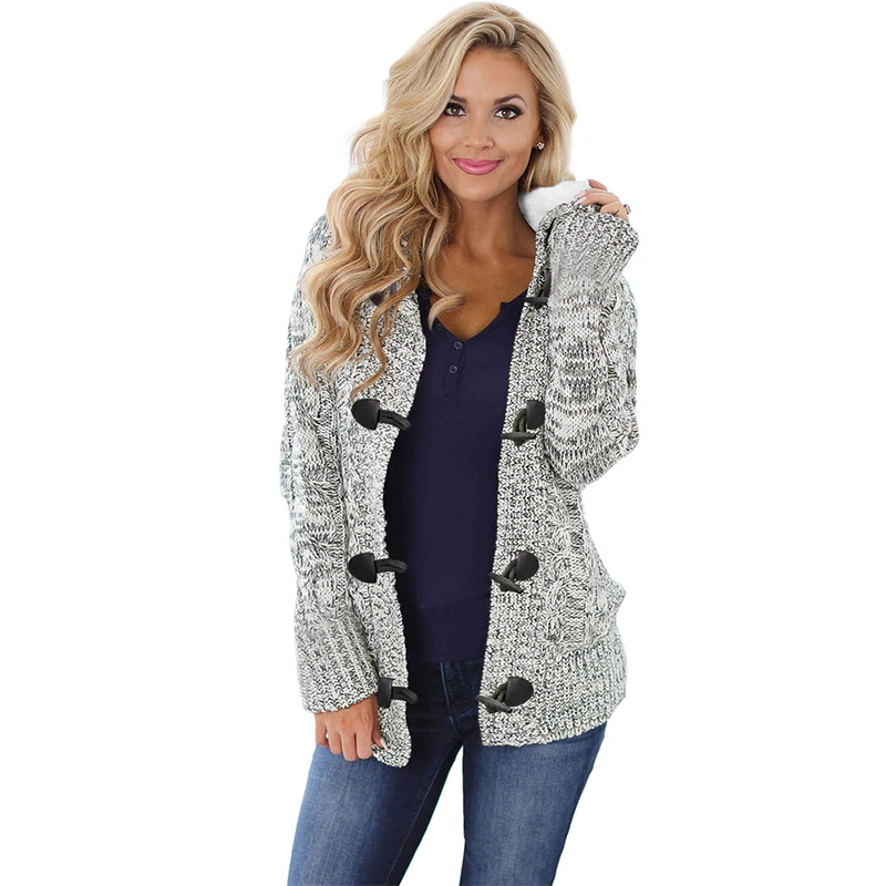 Fur Hood Horn Button Sweater Cardigan