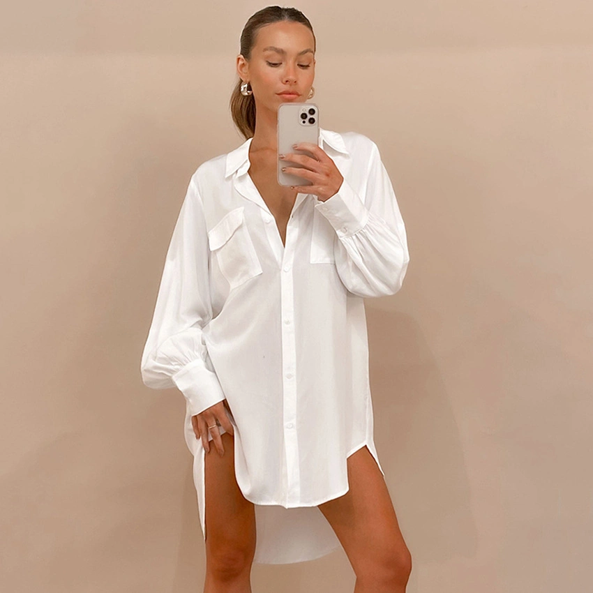 Ladies Fashion White One Piece Pajamas Chiffon Shirt Night Dresses for Woman Long Sleeve