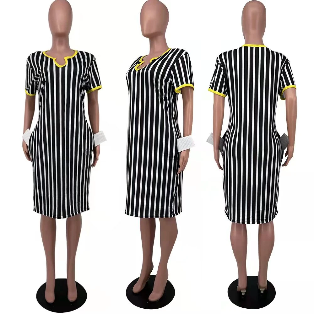 L36885 Plus Size Black Women&prime;s Striped V Neck MIDI Dress