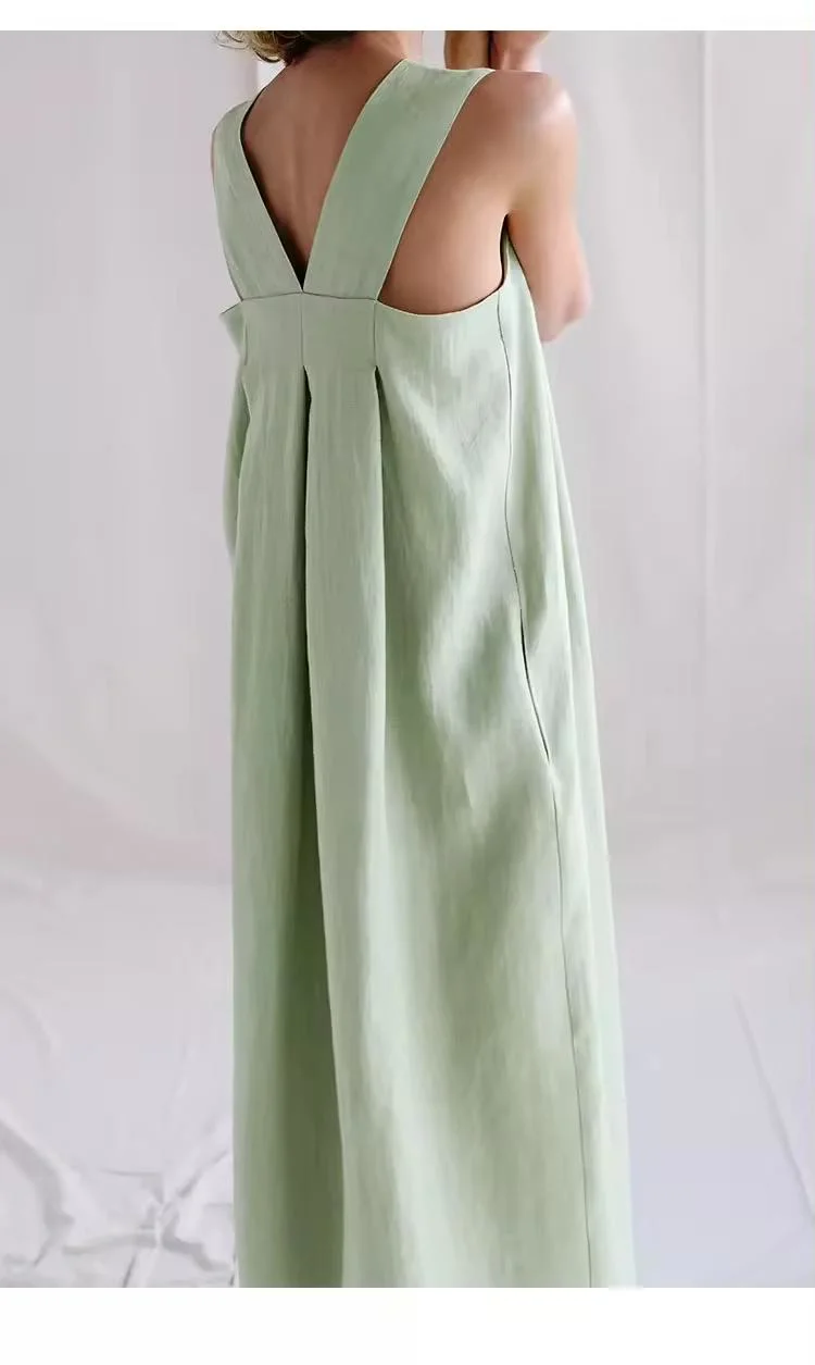 Summer Women Casual Sleeveless Linen Cotton Eco Natural Fabric Long Beach Dress