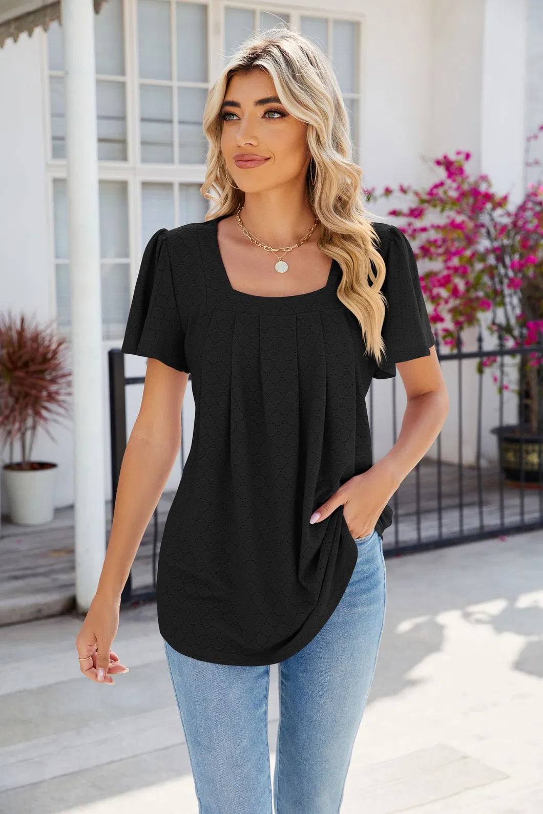 2024 Spring/Summer New Solid Color Square Collar Pleated Short Sleeve Loose T-Shirt Top Woman