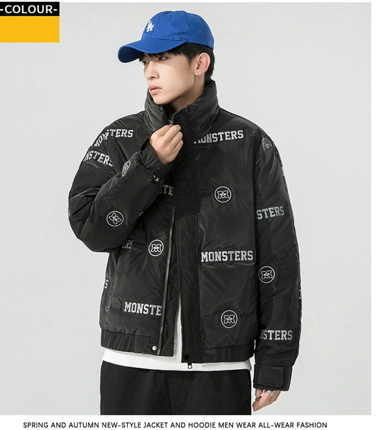 OEM Custom Fashion Brand Men&prime;s Strand Collar Winter Padded Printing Jacket Long Sleeve Zipper Thick Down Jacket Foam Coat