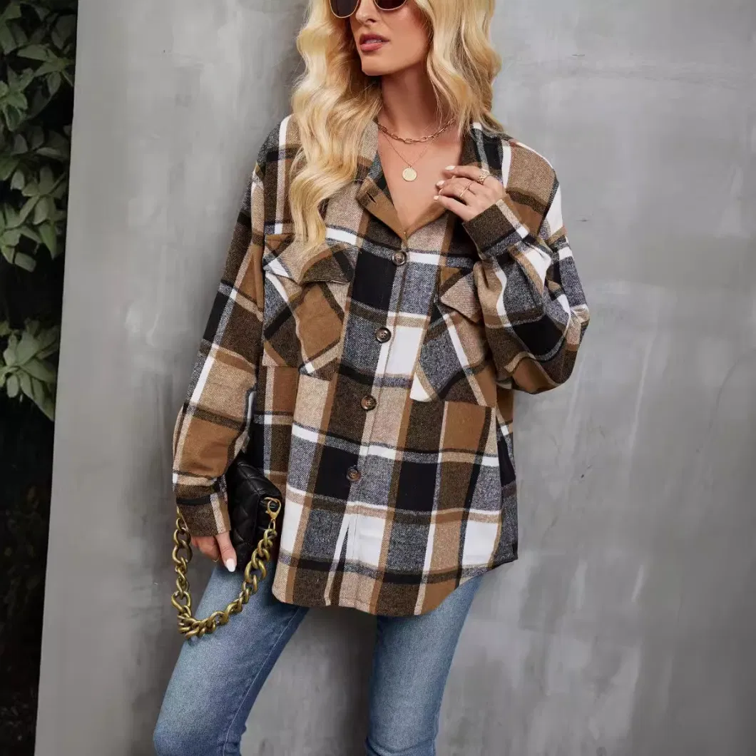 Autumn and Winter Plaid Loose Fashion Long Sleeve Button Coat