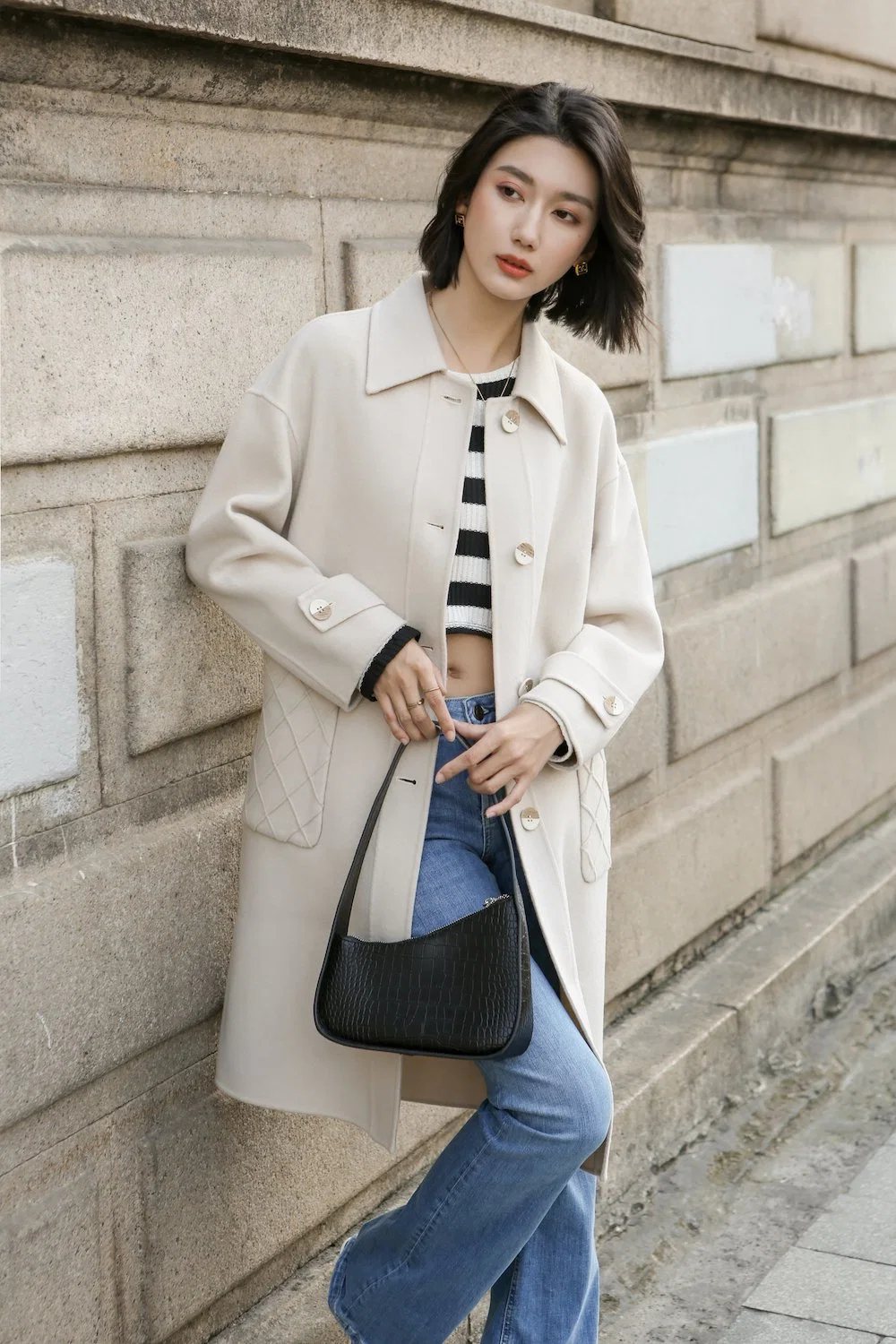 Lady Wool Double Face Fashion Fall Winter Long Coat