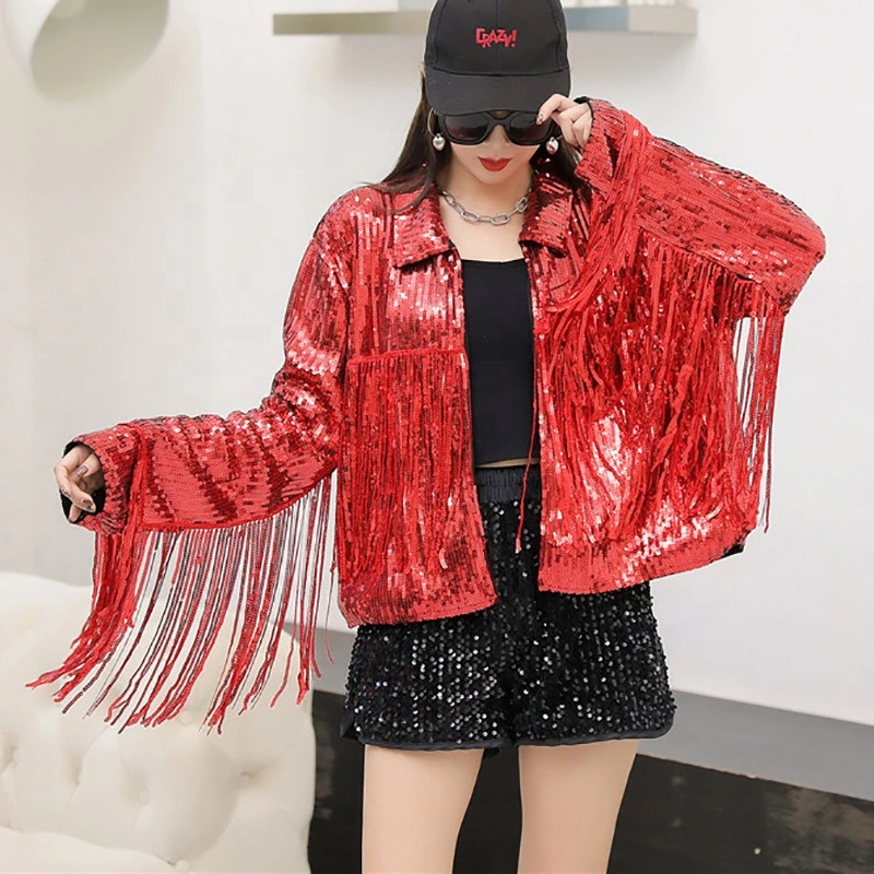 2023 New Fashion Turn-Down Collar Sequin Tassel Fur Women Coat