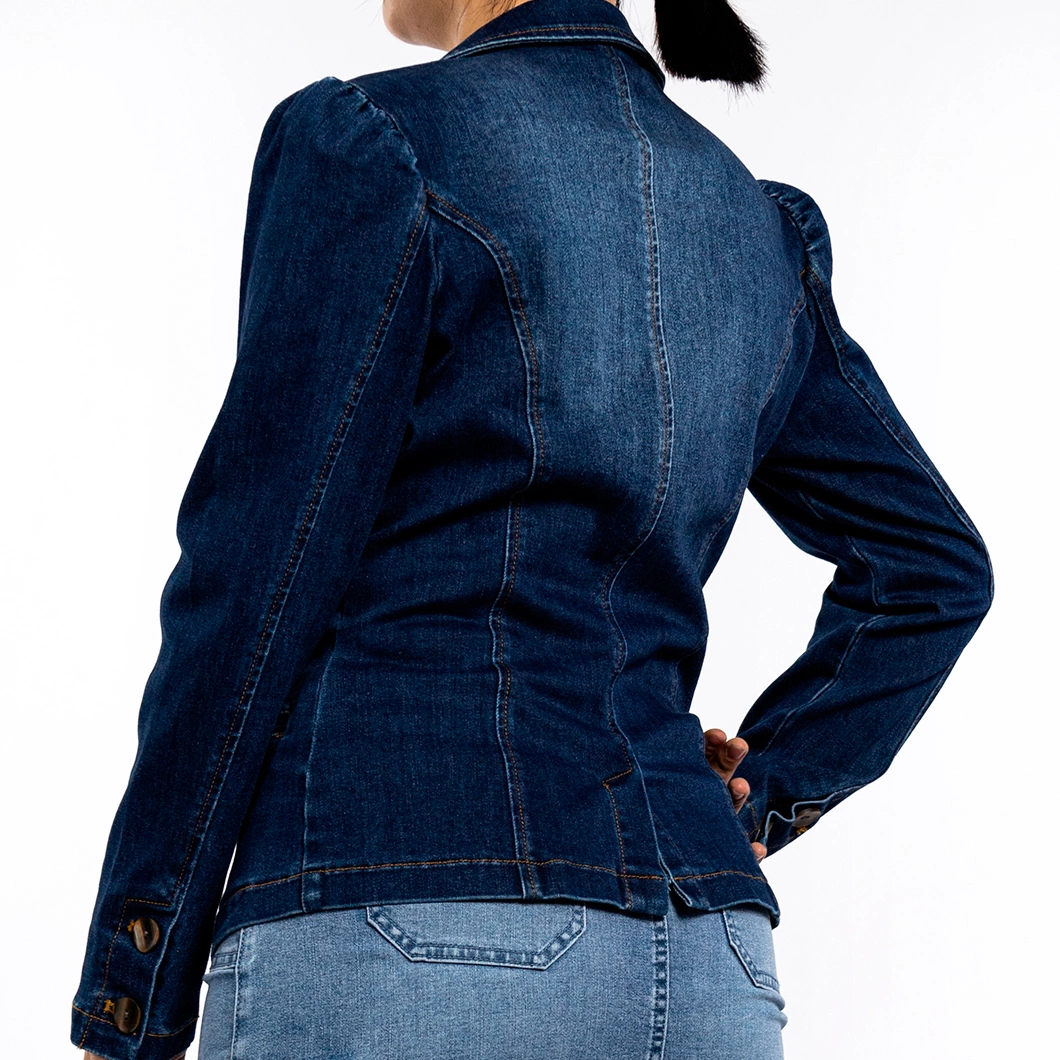 Women&prime;s Blue Lapel Slim Waist Washed Denim Blazer Jean Jacket