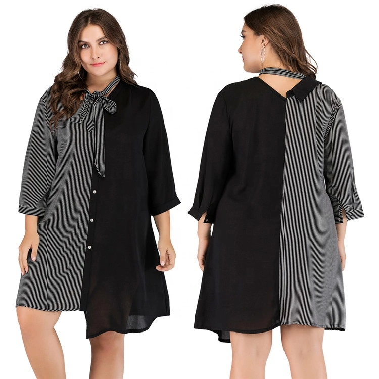 Plus Size Women&prime;s Clothing Strepe Ninth-Sleeve Dress with Scarf