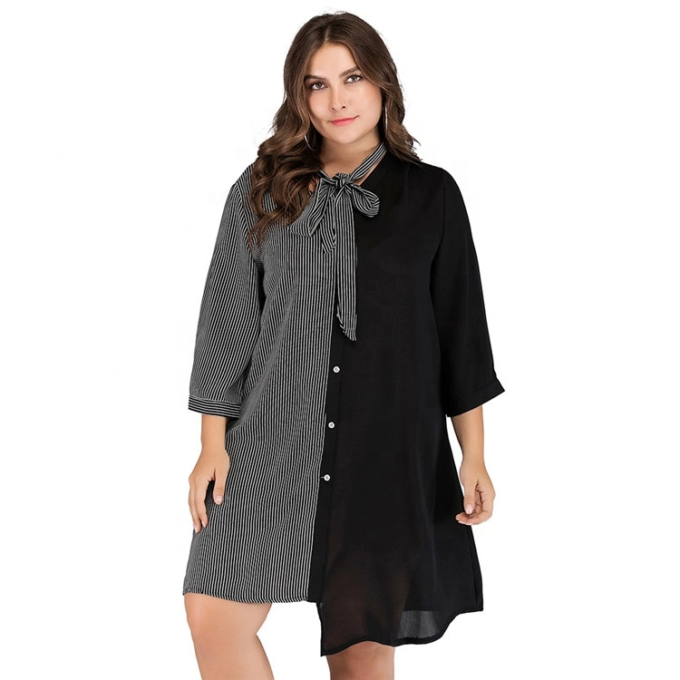 Plus Size Women&prime;s Clothing Strepe Ninth-Sleeve Dress with Scarf