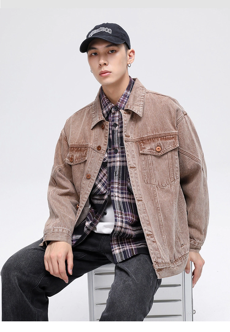 Vintage Brown Denim Jacket Men High Quality Windbreaker Shirt Loose Style Jacket