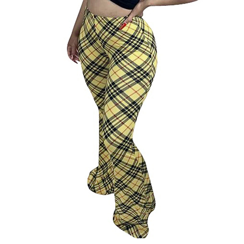 New Fashionable Leisure High Waist Plaid Print Flare Pants