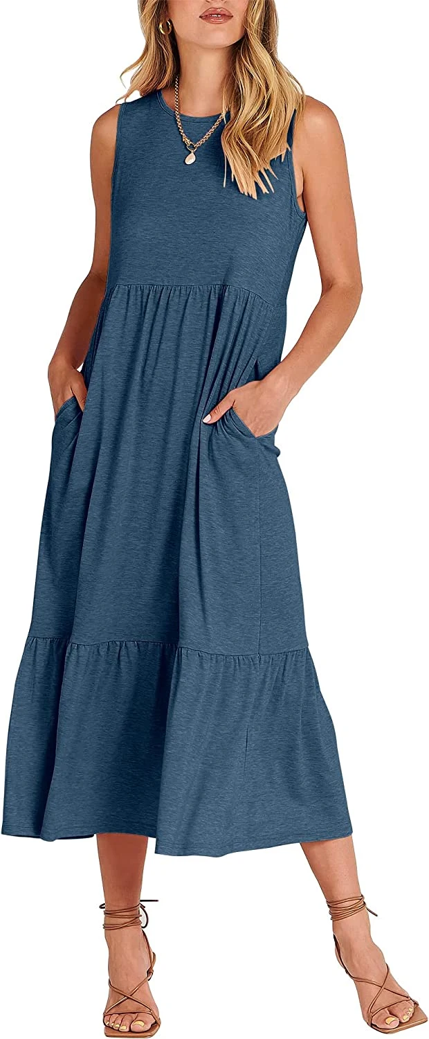 Women&prime;s Summer Casual Sleeveless Tiered Maxi Dress with Pockets