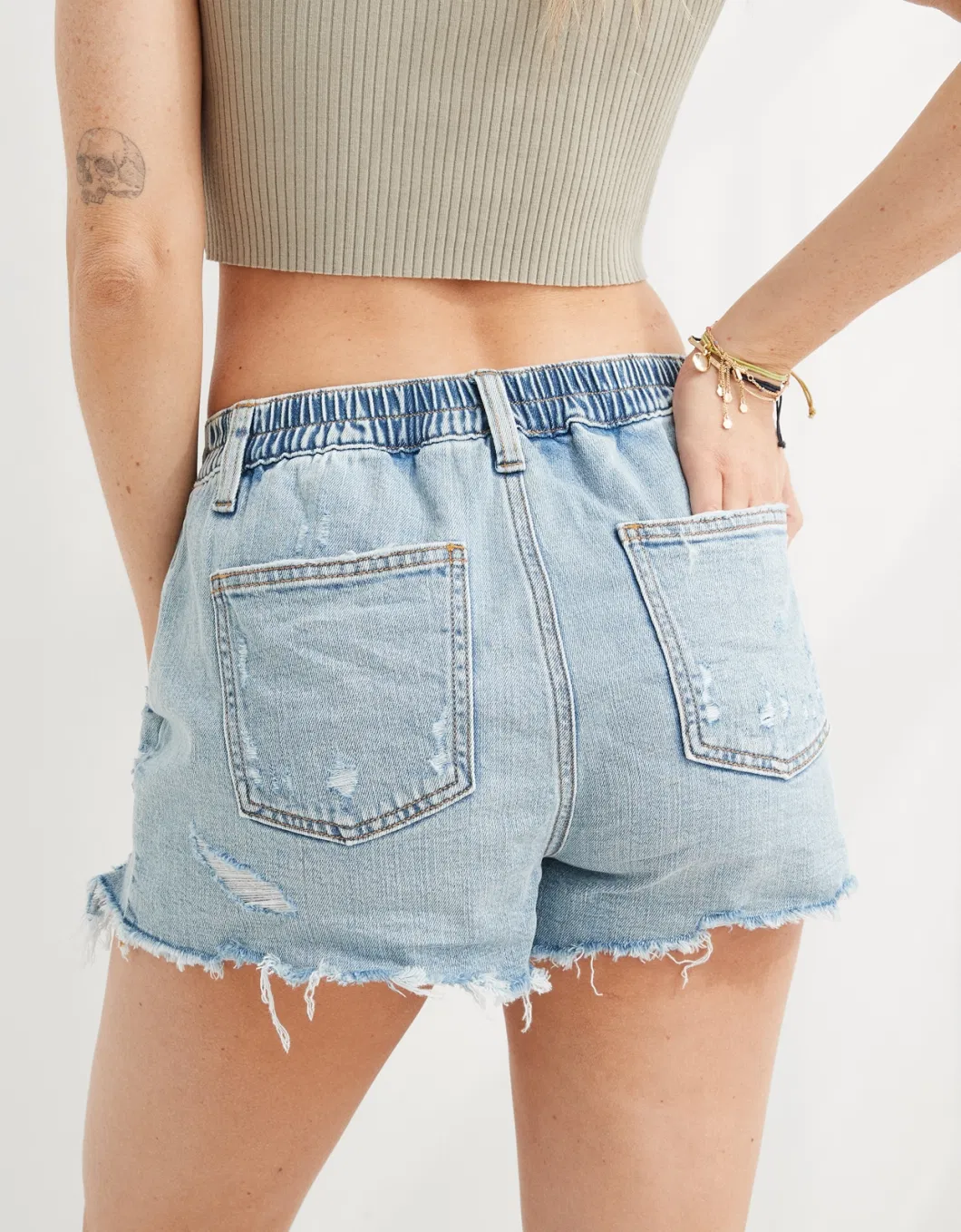 New Regular Rise Soft Functional Zipper Womens Denim Shorts with Extra Distressed Deets