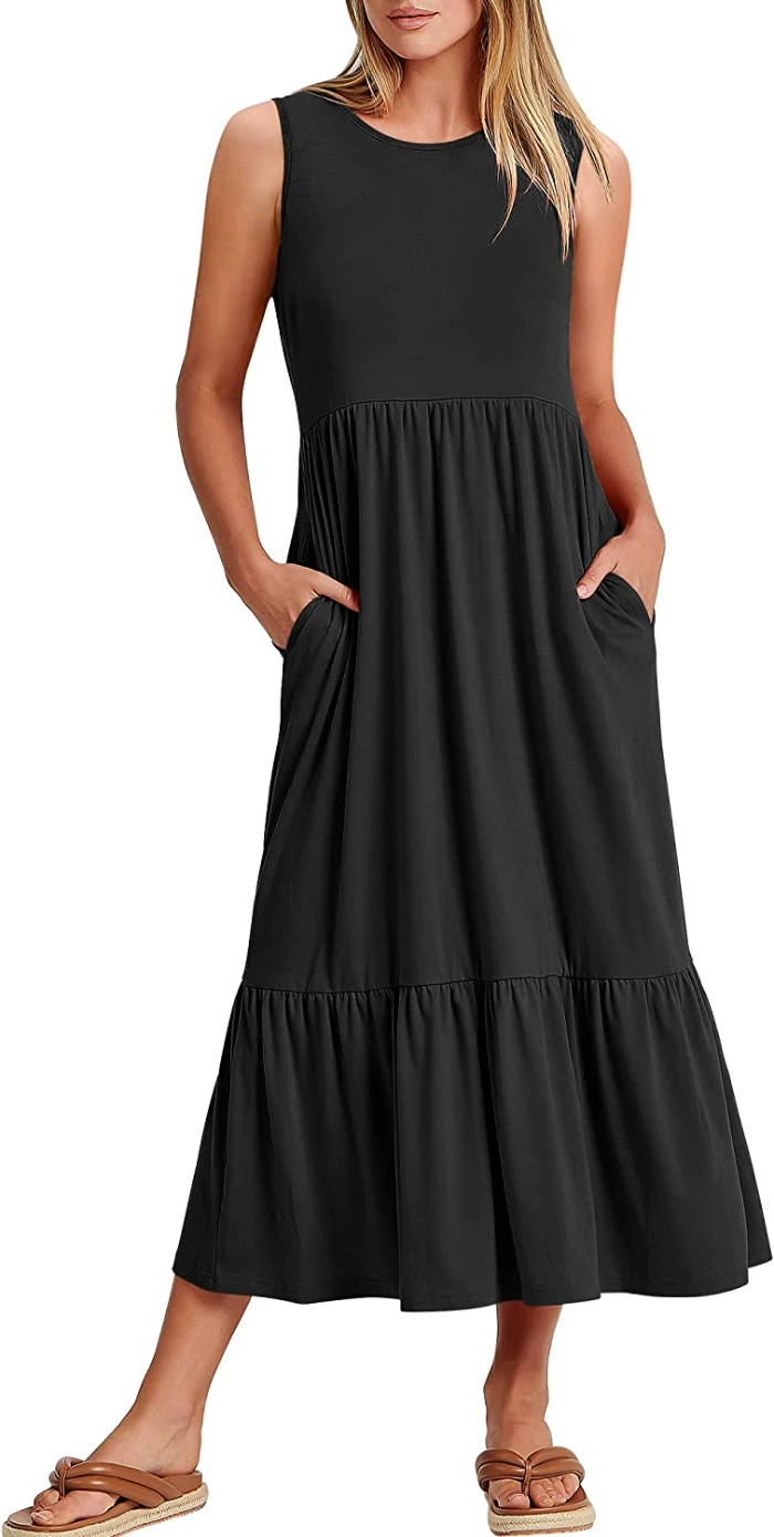 Women&prime;s Summer Casual Sleeveless Tiered Maxi Dress with Pockets