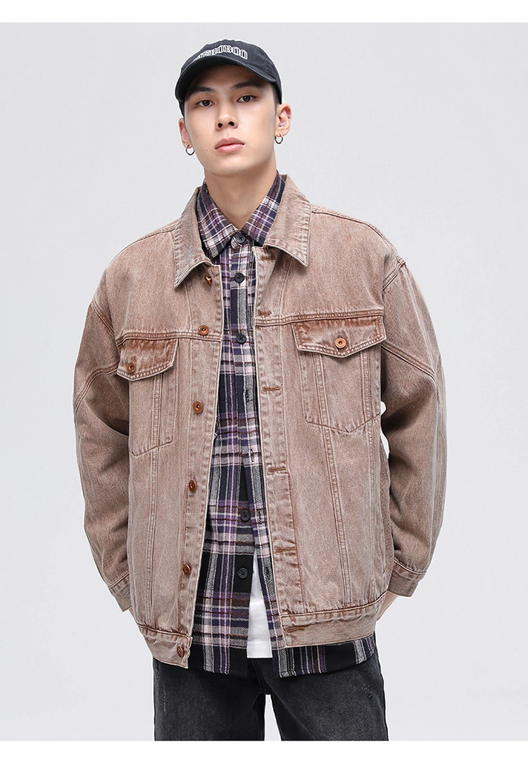 Vintage Brown Denim Jacket Men High Quality Windbreaker Shirt Loose Style Jacket