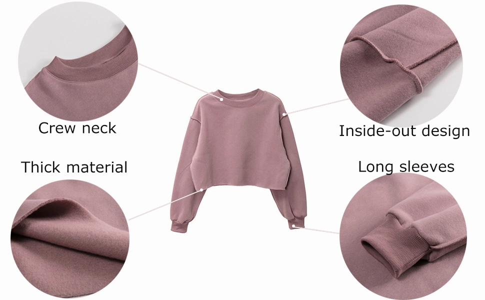 Women Cropped Sweatshirt Long Sleeves Hoodie Pullover Fleece Lined Crop Tops Crewneck Raw-Cut Hem Cropped Sweatshirt