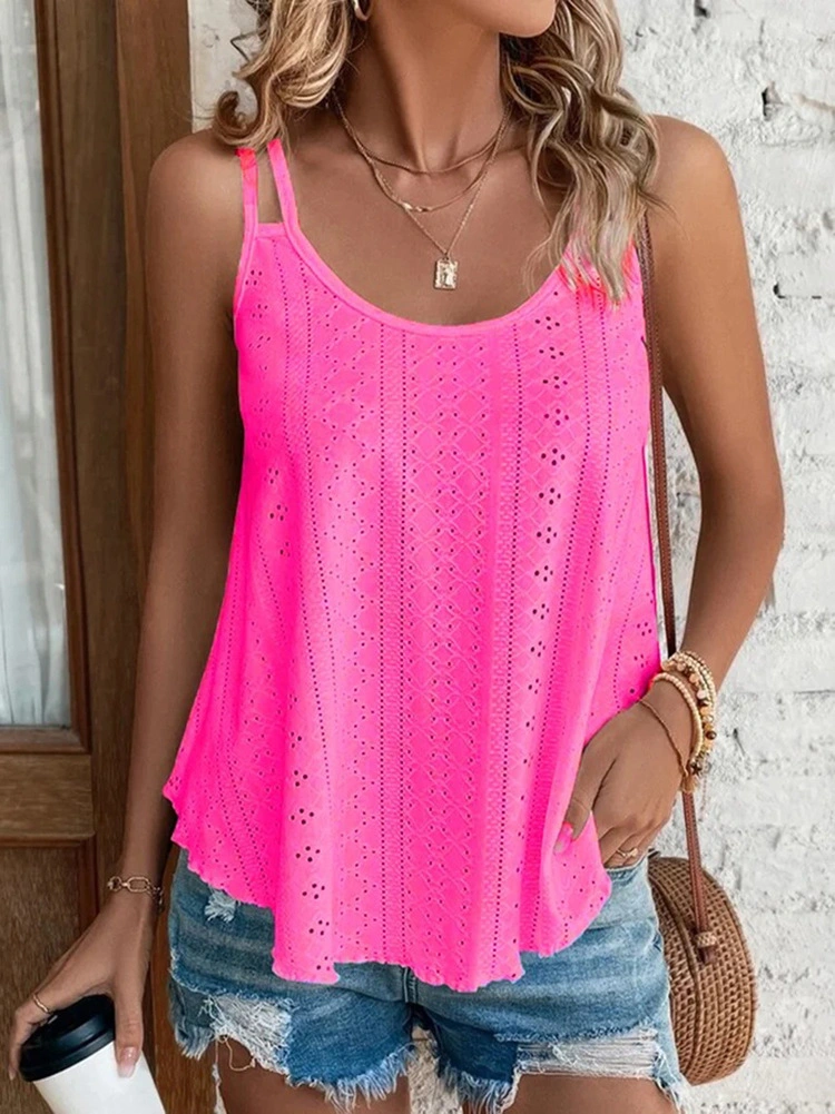 Womens Fashion Tank Tops Eyelet Embroidery Sleeveless Camisole Scoop Neck Loose Casual 2024 Summer Clothes Flowy Shirts