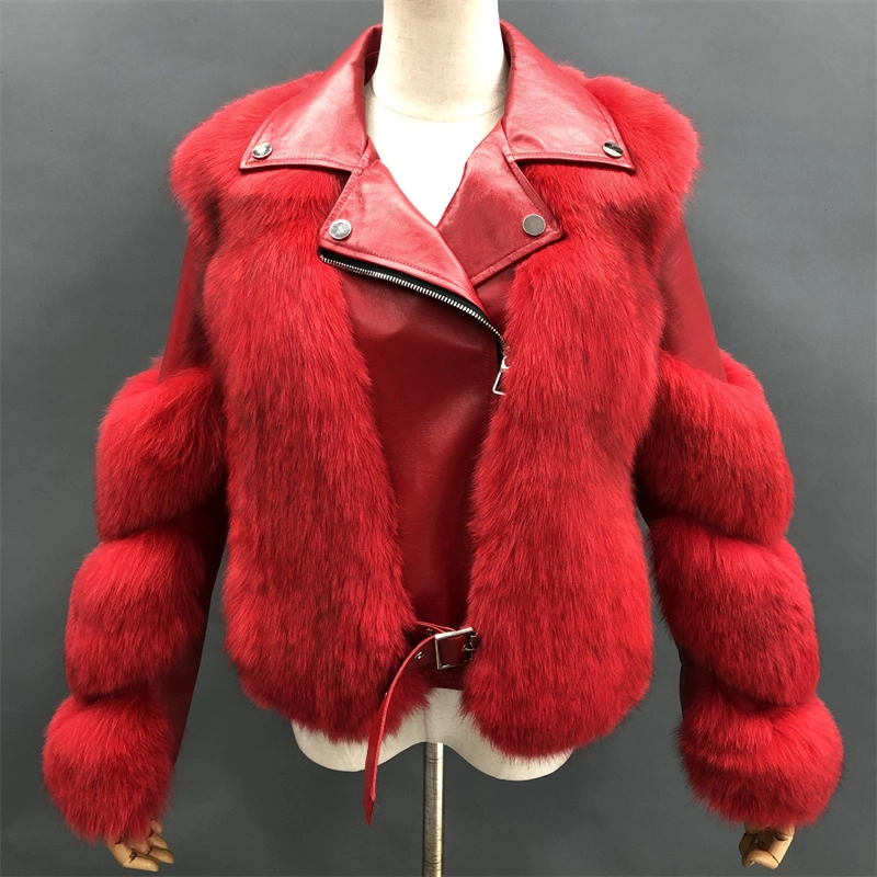 Hot Sales Long Sleeves Plus Size Leather &amp; Fur Coat