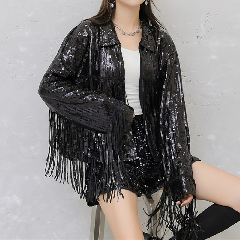 2023 New Fashion Turn-Down Collar Sequin Tassel Fur Women Coat