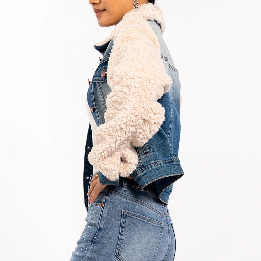 Custom Winter Vintage Lambswool Patchwork Long Sleeve Womens Jean Jacket