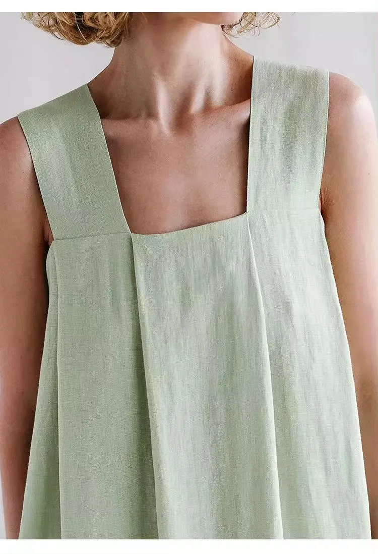 Summer Women Casual Sleeveless Linen Cotton Eco Natural Fabric Long Beach Dress