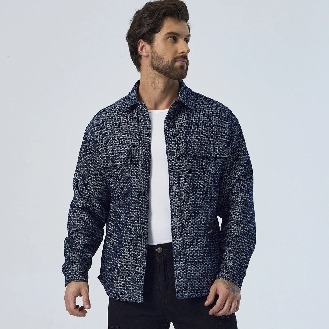 Custom Dark Blue Plaid Oversized Overall Collar Down Long Sleeve Men Jackets