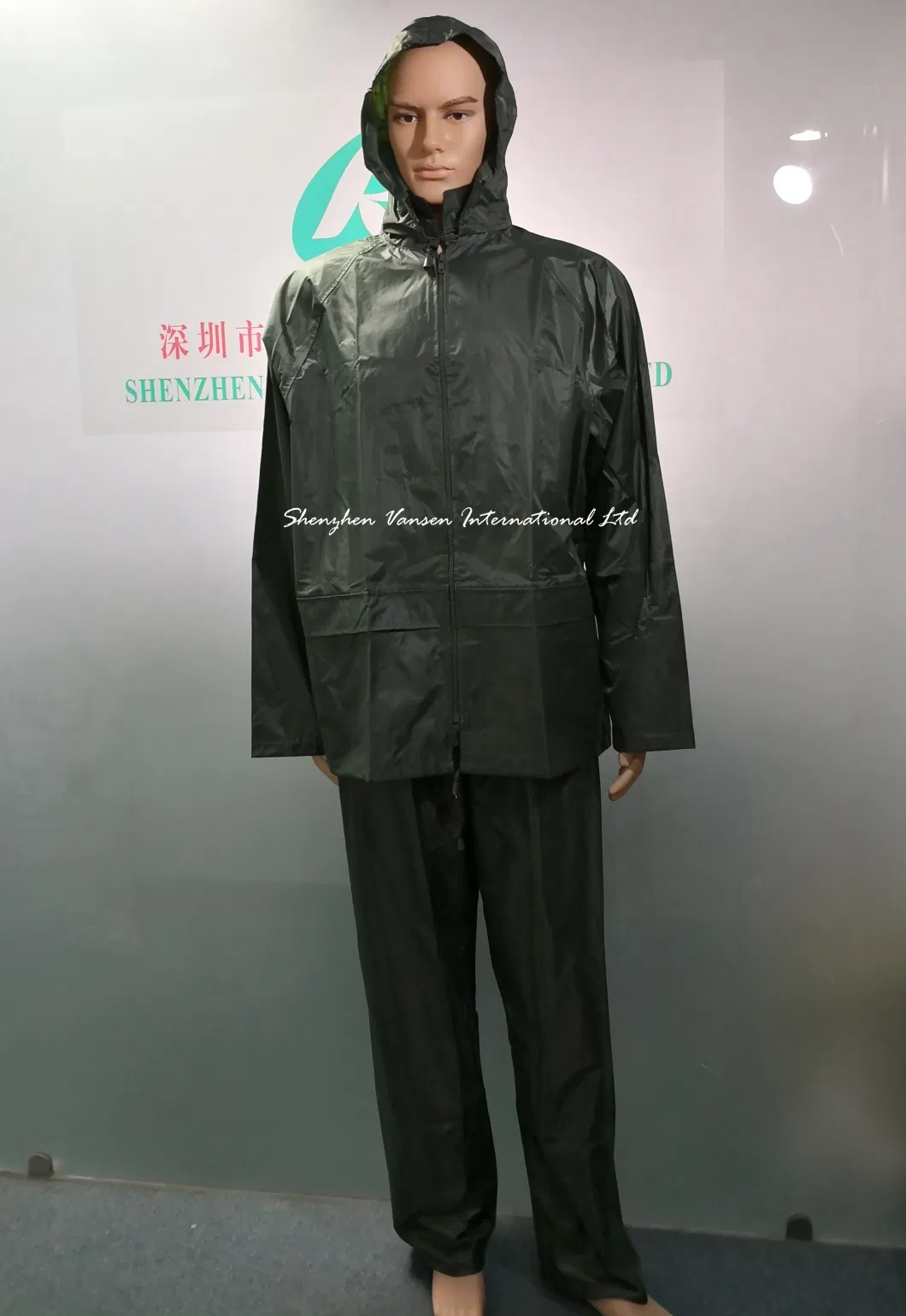 Reusable Navy Green Polyester/PVC Raincoat/ Rainsuit/ Rainwear