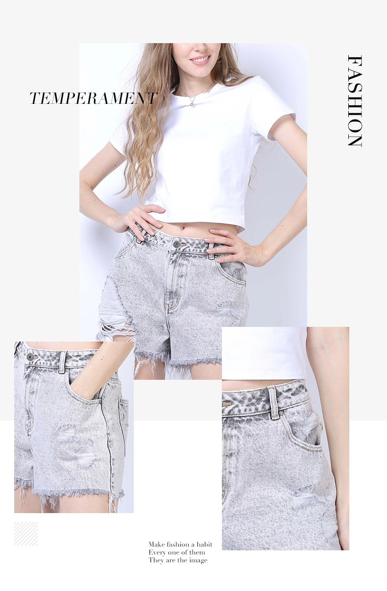 Light Grey Women Trousers MID Waist Non-Stretch Shorts with Fringe Hem and Distressed Holes Fashion Lady Denim Jeans