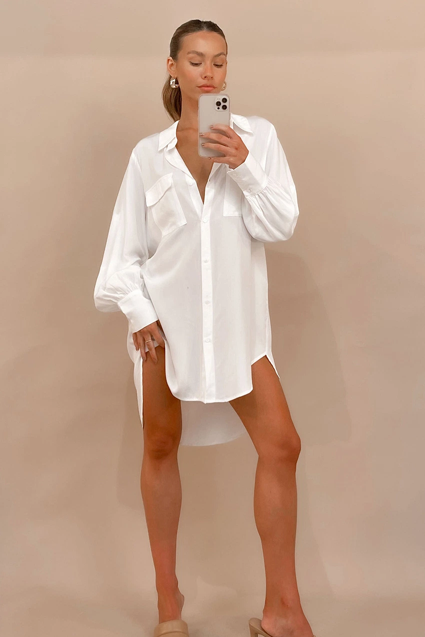 Ladies Fashion White One Piece Pajamas Chiffon Shirt Night Dresses for Woman Long Sleeve