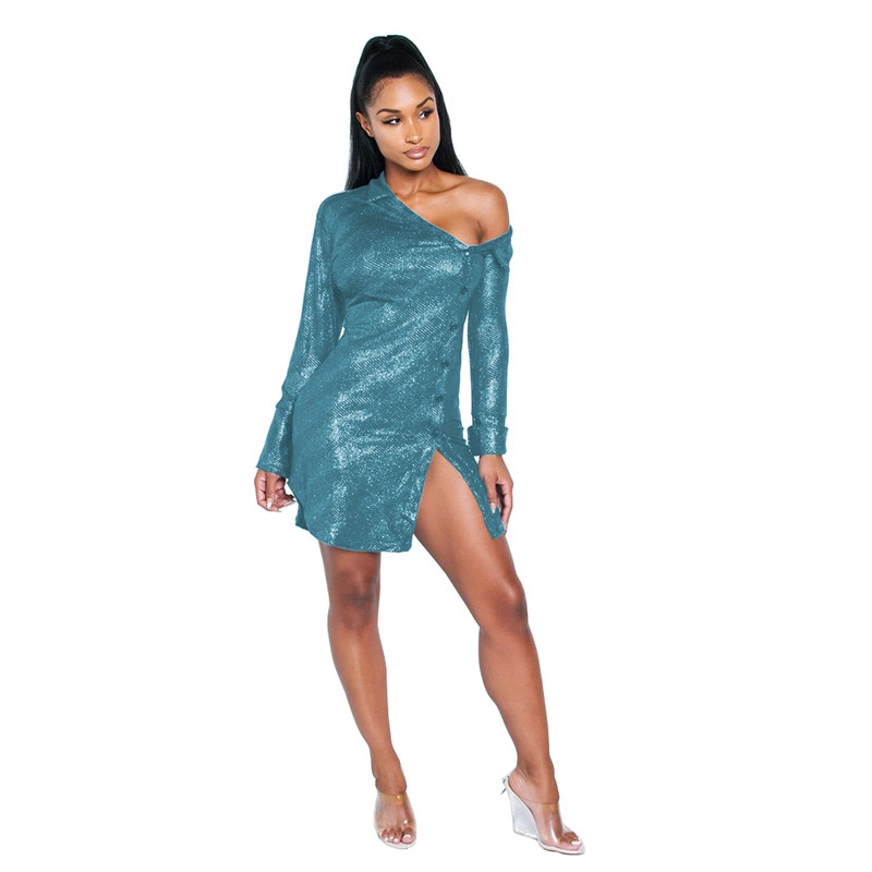 Plus Size Sexy Skew Neck Irregular Hem Shirt Mini Dress