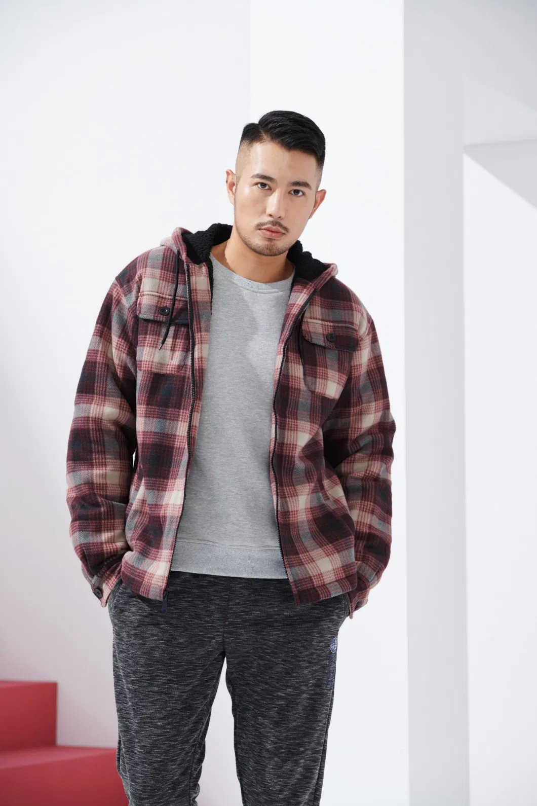 Customized Wholesale Winter Autumn Men Outdoor Warm Hot Styles Plaid OEM ODM Windproof Hooded Fur Sherpa Lined Clothing Wear Jacket