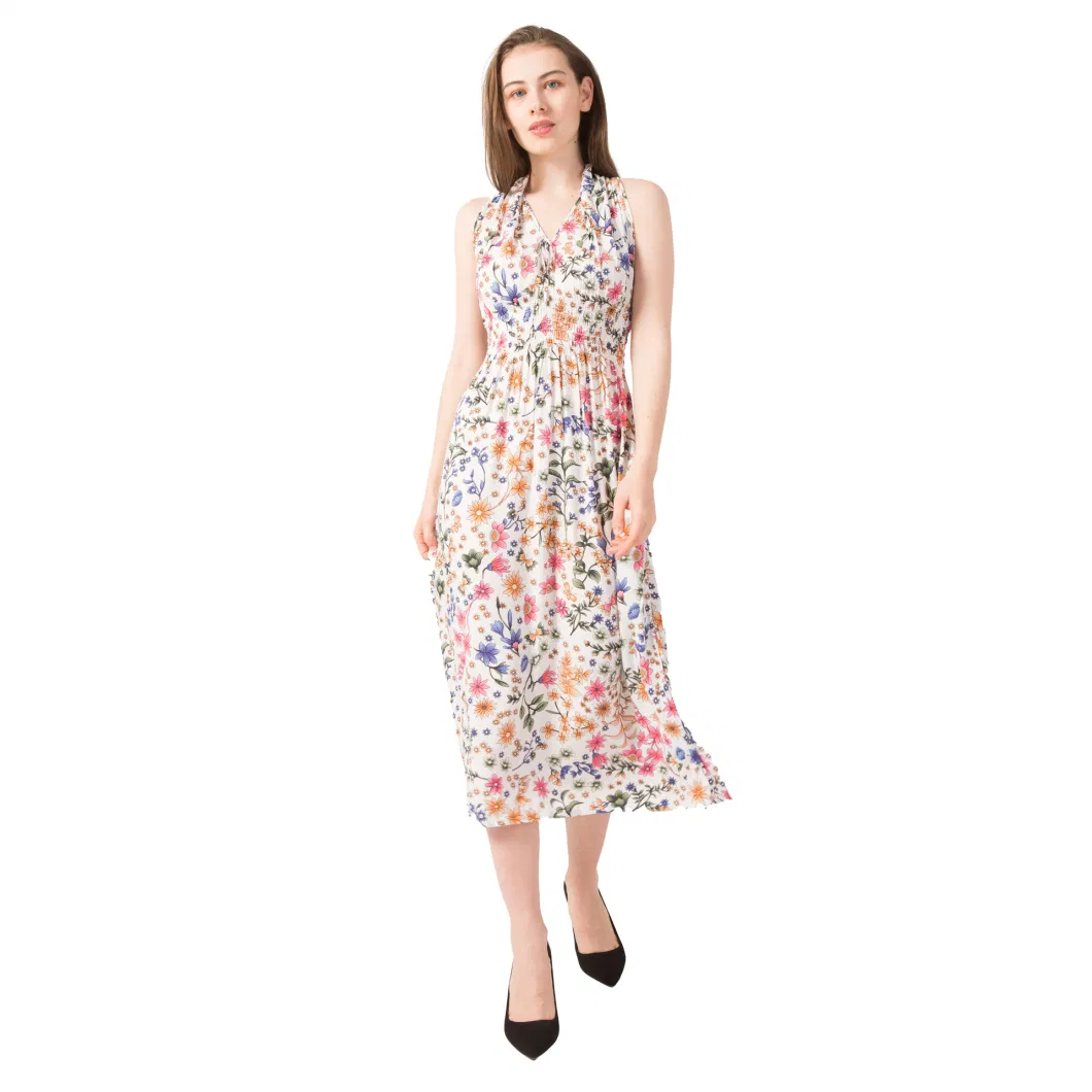 Ladies Elegant Vintage Customized Pattern Sleeveless Floral Dresses Women for Summer