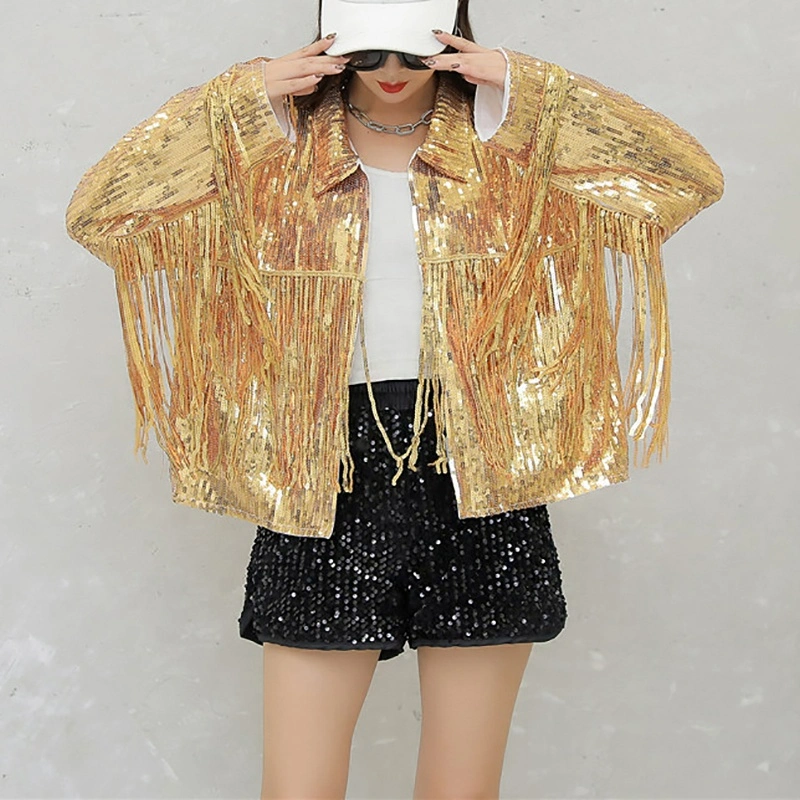 2023 New Fashion Turn-Down Collar Sequin Tassel Fur Women Coat