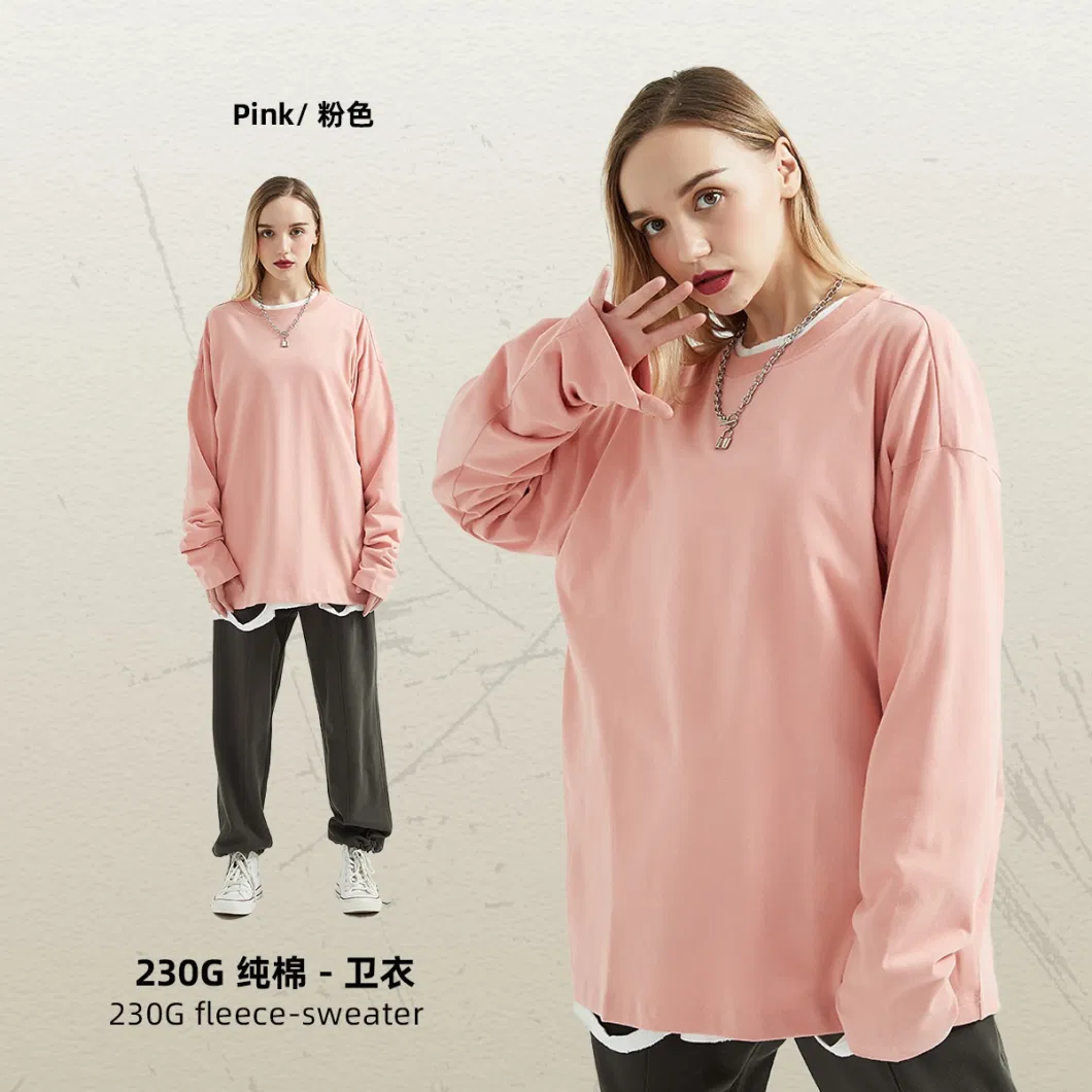 Fall New 230g Women Thickened Double Gauze Solid Color Pullover T-Shirt Loose Cotton Long Sleeve Men&prime;s Fashion T-Shirt