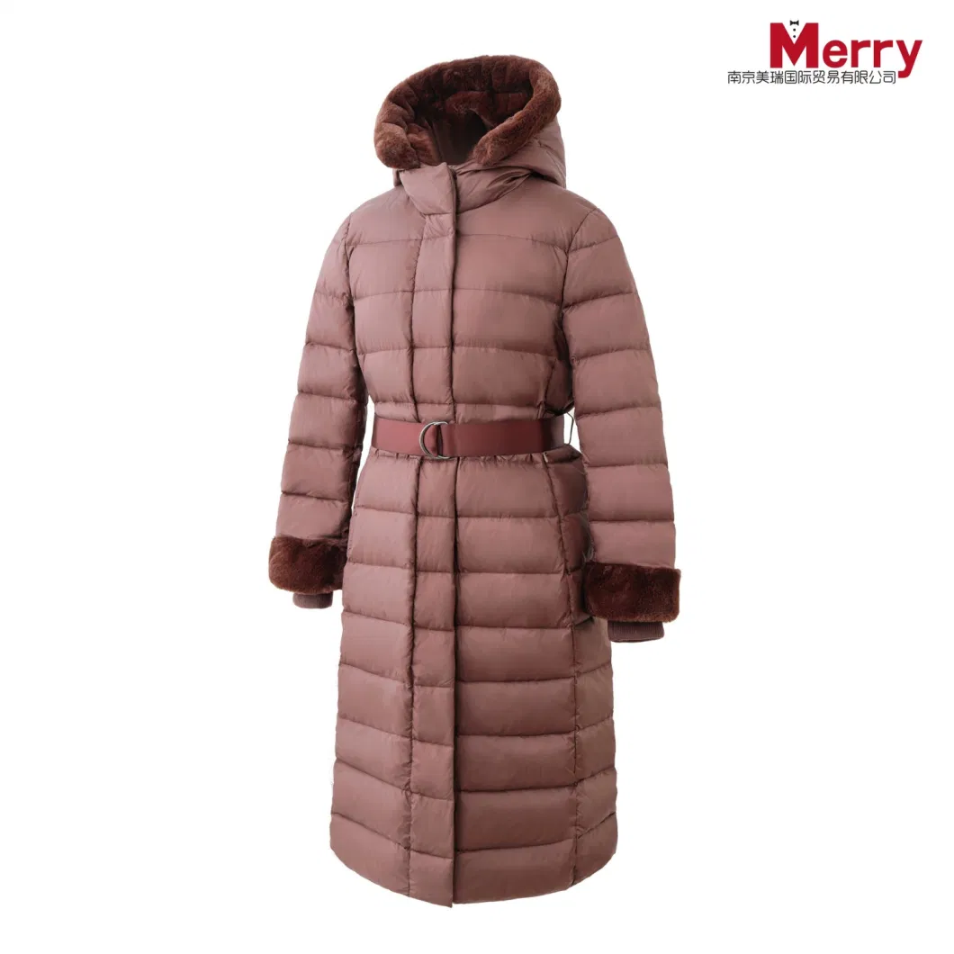 Classic Ladies Winter Real Down Coat/Popular Soft Faux Fur Hooded Outer Wear Fashion Jacket with Belt Windproof Sleeve Cuff