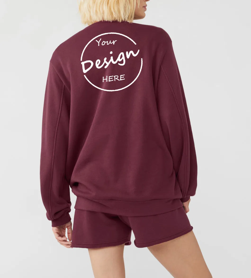 Custom Logo Womens Athletic Ribbed Crew Neck Baggy Sweatshirt Puff Print Plain Plus Size Drop Shoulder Oversized Fleece Cotton Hoodies