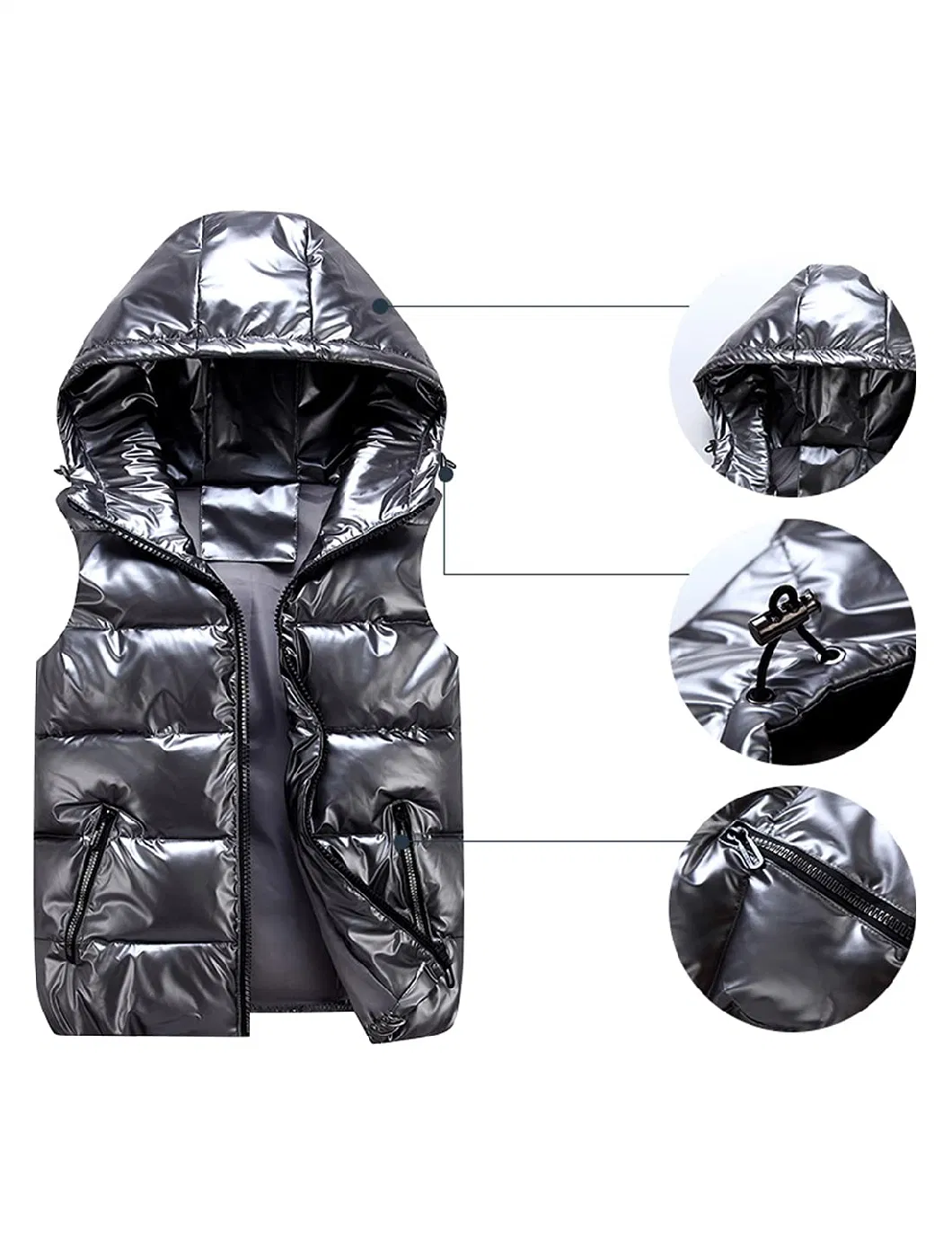 Asiapo China Factory Women&prime;s Insulated Hooded Bright Shiny Sleeveless Padded Puffer Vest Gilet