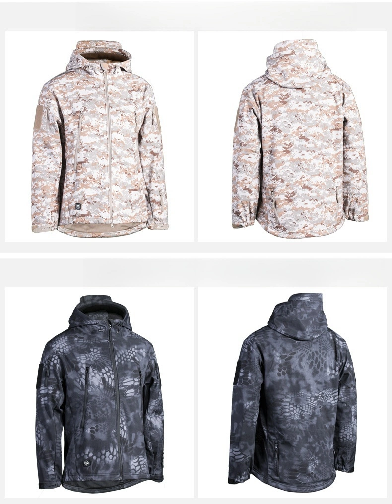 Soft Shell Suit Camouflage Men&prime;s Windproof, Splash Proof, Warm Fleece Jacket, Tactical Suit, Hidden Hat, Thickened Coat Logo