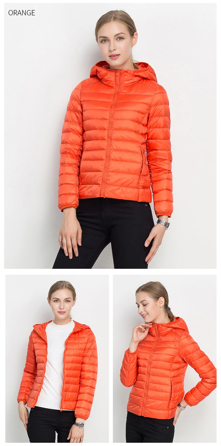 Women Zipper Ultra Light Breathable Down Jacket with Hood for Ladies