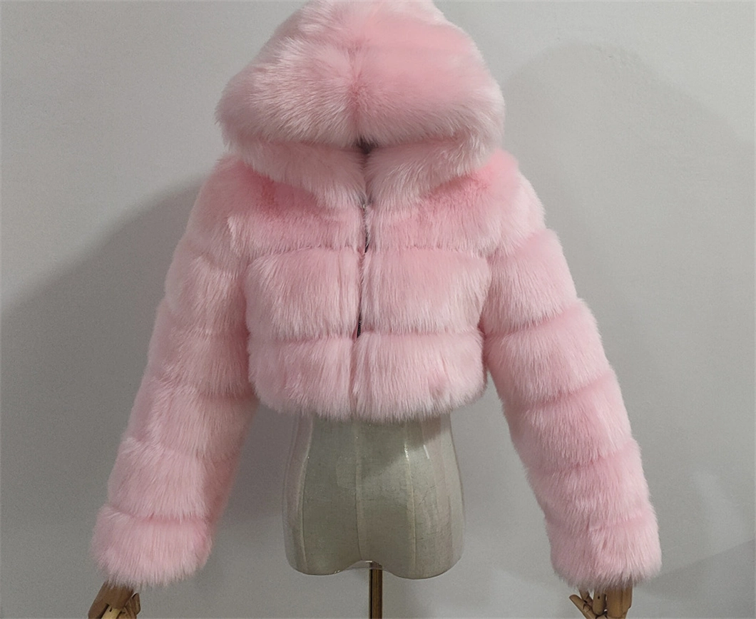 Hot Sells Winter 2022 Women Fashion Fleece Thick Multicolor Faux Fur Coat Jacket Warm Hooded Solid Green Color Plus Size Overcoat Fur Jacket