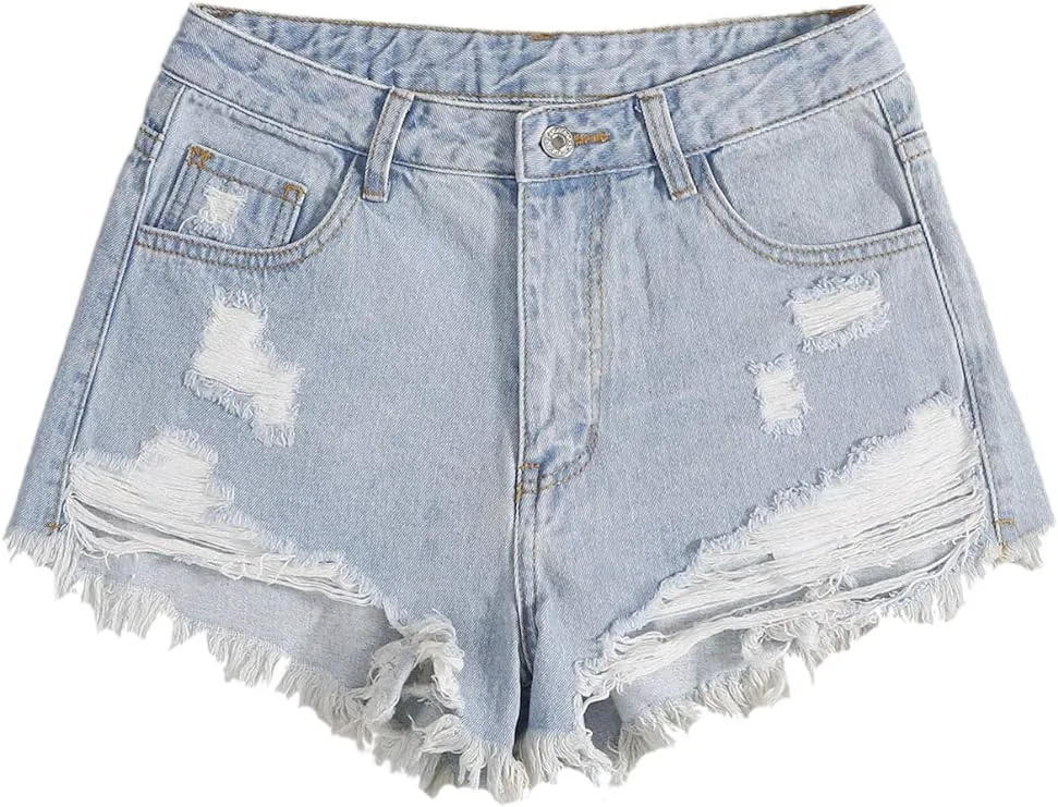 Women&prime;s Summer Jean Shorts Ripped Button Front Wide Leg Denim Jeans Casual Solid Shorts